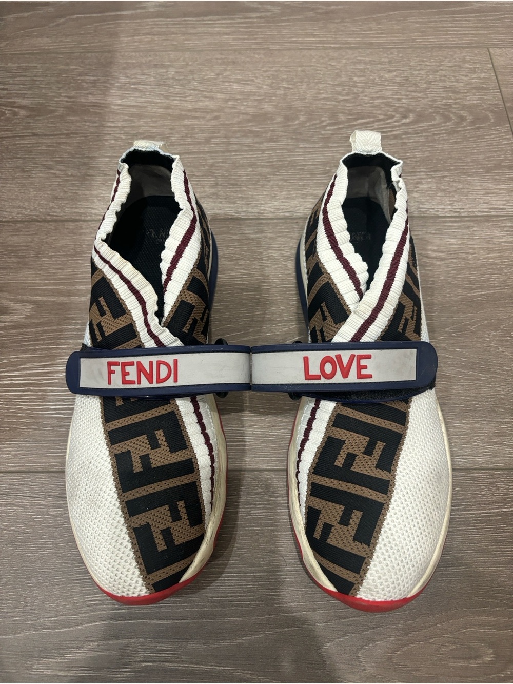 Fendi White Brown Navy 'FENDI LOVE' Slip-On Sneakers